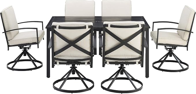 Crosley Furniture Kaplan 7-Piece Outdoor Dining Set for 6, Patio Table and Chairs for Backyard, Deck, Oiled Bronze with Oatmeal Cushions