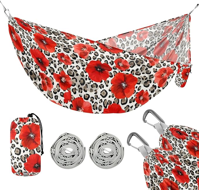 Camping Hammock Outdoor Hammocks for Outside Red Poppy Leopard Cheetah Beach Trees Portable Lightweight with Pockets Tree Straps Indoor