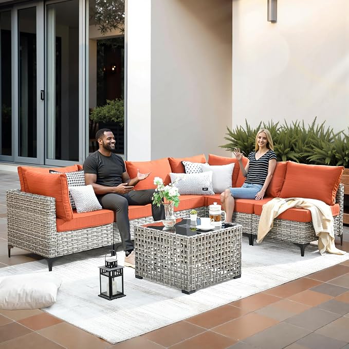 CAODOC 9-Piece Outdoor Sectional Sofa Set w/ 42" Fire Pit – L-Shaped Wicker Patio Furniture, Deep Seating & Swivel Rockers,Red-Striped