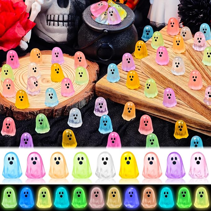 132 Pcs Halloween Luminous Mini Ghost Figures 9 Colors Glow in the Dark Tiny Little Resin Ghost Statues Miniature Figurines for Halloween Vase Filler Micro Landscape Fairy Garden Party Decor