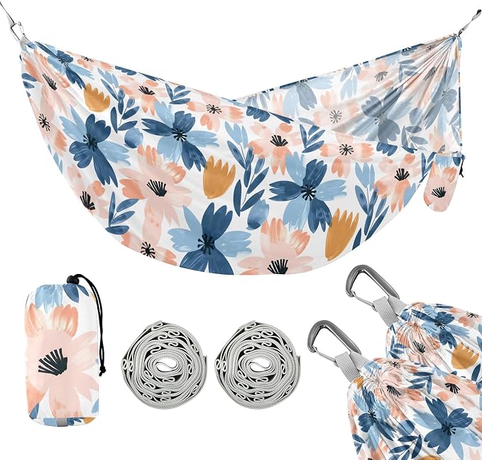 Camping Hammock Outdoor Hammocks for Outside Abstract Flowers Pink Blue Beach Trees Portable Lightweight with Pockets Tree Straps Indoor Small