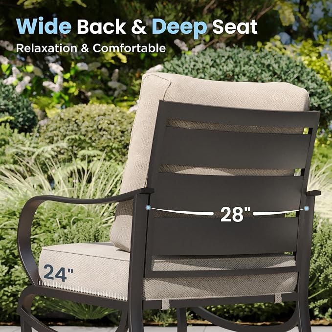 PHI VILLA 6 Piece Patio Furniture Sets with 1 x 3 Seater Padded Deep Seating Bench, 4 x Leg Cushioned Sofa Chairs and 1 x Coffee Table, Outdoor Conversation Metal Furniture Set for 7