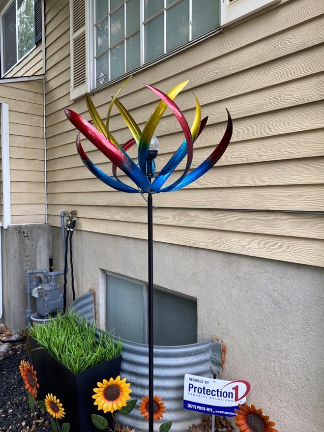 70 in Large Wind Spinners Outdoor, Solar Wind Sculpture, Violet Blue | Metal Windmill with Solar Multi-Color Light, All Weather Decor , Ideal Yard Art for Garden, Backyard, Lawn & Outdoor Decor