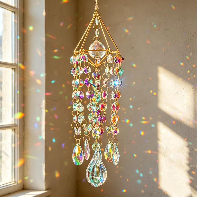 Crystal Suncatcher for Windows Hanging Glass Wind Chimes Whimsical Decor | Hand-plated,Prism Sun Catcher with Crystals,Rainbow Maker for Ceiling Garden Home Indoor Outdoor,Gift For Women