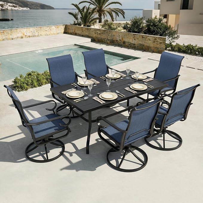 NUU GARDEN 7-Piece Patio Dining Set for 6, Textilene Swivel Chairs | All-weather blue patio furniture set for 6. Breathable textilene swivel rockers. Large table with umbrella hole