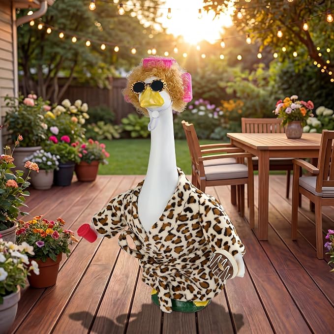 Porch Goose Robe Outfit Set for 23 Inch Goose Statue, Leopard Flannel Bathrobe with Wig Curlers Coffee Cup Donut Glasses, Funny Cozy Goose Clothes Decor (Leopard)