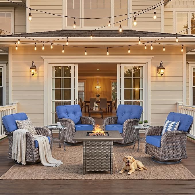 7 Piece Outdoor Patio Furniture Set with 30" Fire Pit Table,Conversation Sectional Wicker Couch with Swivel Chairs,Modern Outside Sofa for Balcony Backyard, Brown/Blue