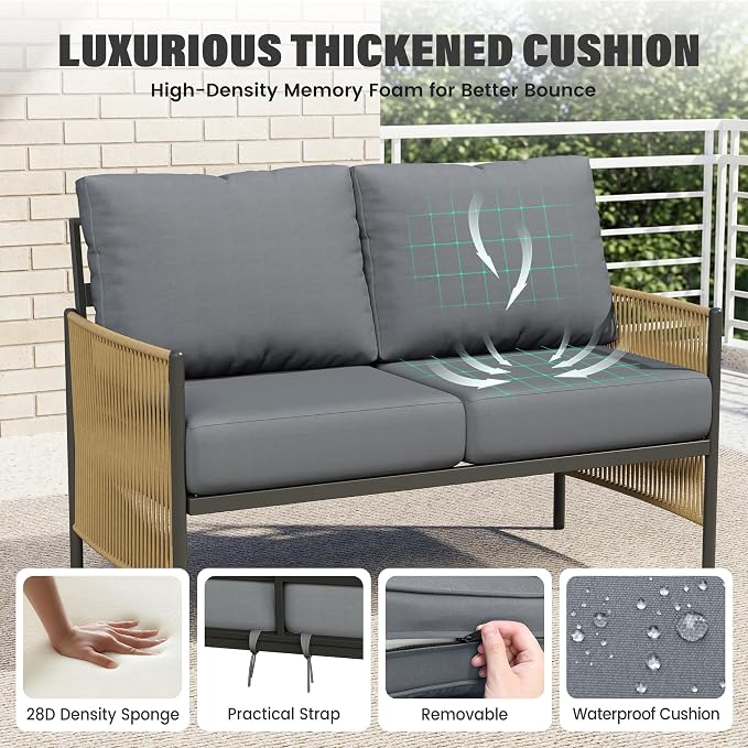 Aluminum Outdoor Patio Furniture Set, 4 Seats Outdoor Sectional with Coffee Table, Patio Conversation Sets with Washable Thick Cushions and Waterproof Cover forBackyard/Garden/Poolside, Gray