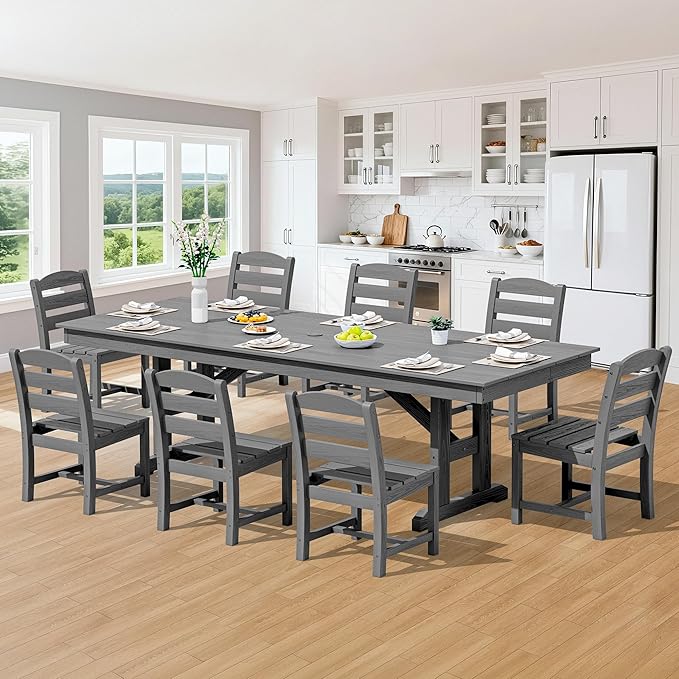 SERWALL 9 Piece Outdoor Dining Set, 84" HDPE Outdoor Table and Armless Chairs Set for 8，All Weather Patio Furniture Set with Umbrella Hole for Backyard, Garden, Gray
