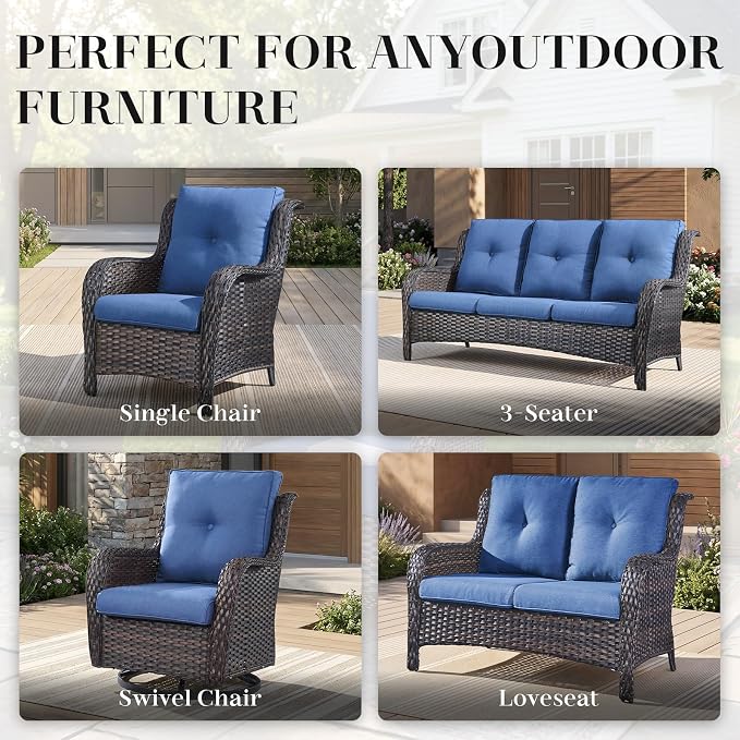 Rilyson Wicker Rocking Chair Swivel Chairs - 4 Piece Rocker Patio Chairs Set Rattan Rocking Chair for Outdoor Porch Deck Garden Backyard(Brown/Blue)
