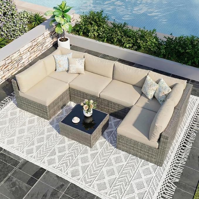 Wisteria Lane 7 Pieces Outdoor Patio Furniture Set, Wicker Outdoor Patio Sectional Sofas with Coffee Table, All-Weather Patio Conversation Set for Garden Backyard, Beige