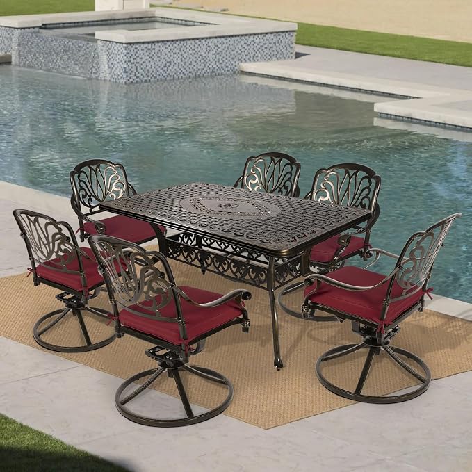 VIVIJASON 7-Piece Outdoor Furniture Dining Set, All-Weather Cast Aluminum Conversation Set Includes 6 Swivel Dining Chairs and a Rectangle Table with Umbrella Hole for Patio Garden Deck, Red Cushion