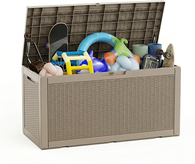 120 Gallon Outdoor Storage Deck Box Waterproof Resin Lockable Outside Bench Porch Patio Furniture Pool Float Garden Tool Cushion UV Resistant Bin Beige