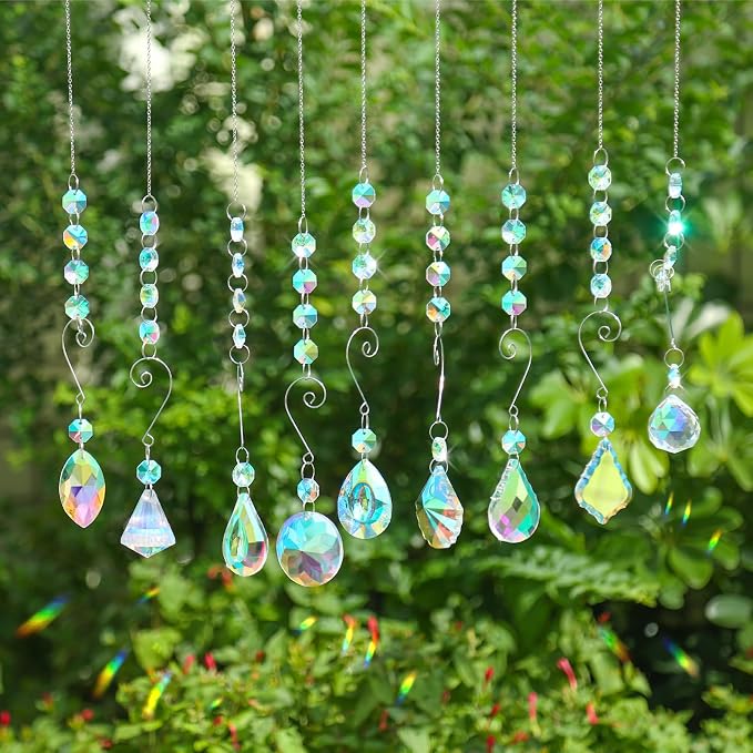 9 Pieces Sun Catchers Indoor Window Suncatcher Crystals Prisms with Chain Pendant Colorful Hanging Ornaments for Windows Chandelier Office Home Garden Decor
