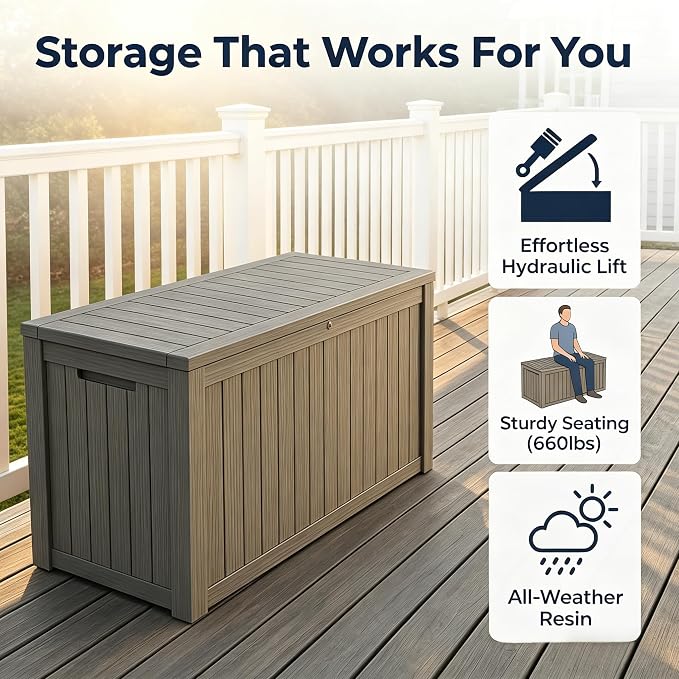 178 Gallon Resin Deck Box with Gas Lift Support – Outdoor Storage for Patio Furniture, Garden Tools & BBQ Accessories – Weatherproof Wood Grain Design with 660 Lbs Bench Seat (Lockable Lid)