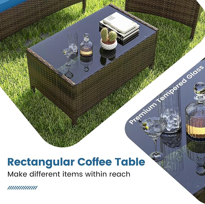 RELAX4LIFE 4-Piece Patio Furniture Set - Rattan Outdoor Conversation Bistro Set w/Cushions, Glass Coffee Table, Wicker Chairs & Loveseat for Garden Backyard Porch, Balcony Furniture Set (1, Peacock)