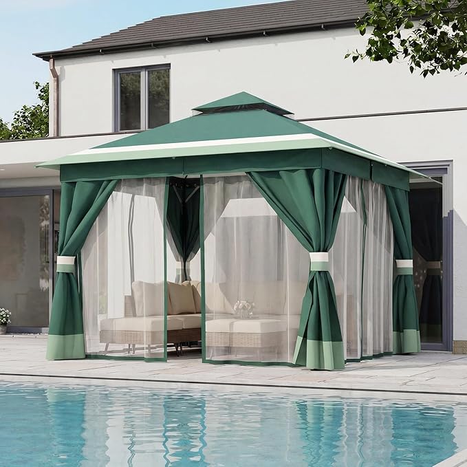 LAUSAINT HOME Patio Gazebo 10'x10', Outdoor Heavy Duty Party Tent Shelter with Double Roofs, Mosquito Nettings and Privacy Screens for Backyard, Garden, Lawn, Forest Green