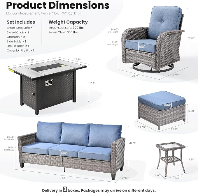 ovios 7 Pieces Patio Furniture Set, Outdoor Wicker Sofa Couch with Swivel Glider Chairs Fire Pit Table, Modern Deep Seat Rattan Conversation Sets for Deck Porch, Denim Blue
