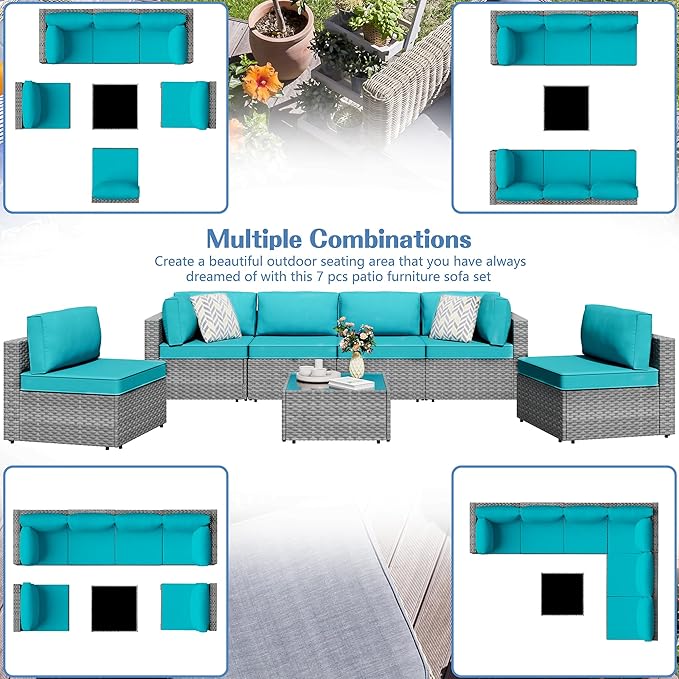 7 Piece Outdoor Patio Furniture Set, Silver Rattan Wicker Sectional Sofa, All Weather Conversation Set with Washable Cushions & Glass Coffee Table for Backyard Poolside Garden Porch,Blue