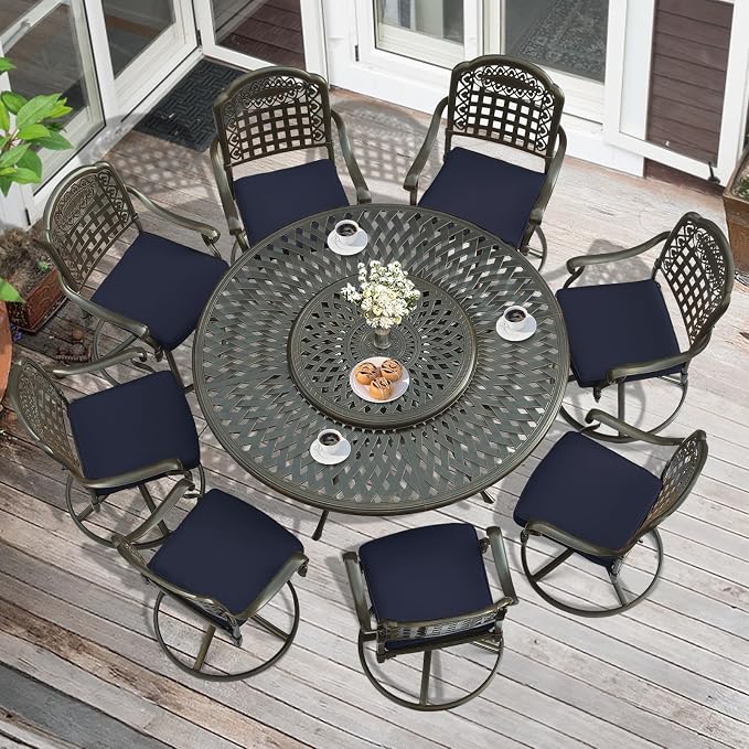 MEETWARM Outdoor 9-Piece Patio Dining Set, All-Weather Cast Aluminum Patio Conversation Set- 8 Cushioned Swivel Rocker, 61" Round Patio Dining Table w/Detachable Lazy Susan/Umbrella Hole, Navy Blue