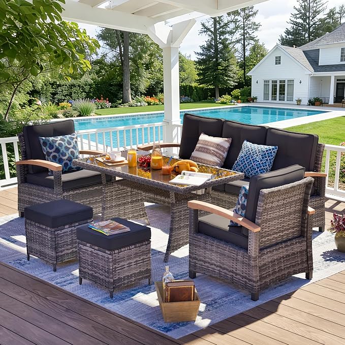MEISSALIVVE 6 Pieces Patio Furniture Sets, PE Wicker Outdoor Conversation Sets with 2 Wood Armrests Swivel Glide Chairs, 2 Ottomans and Dining Table (Black)