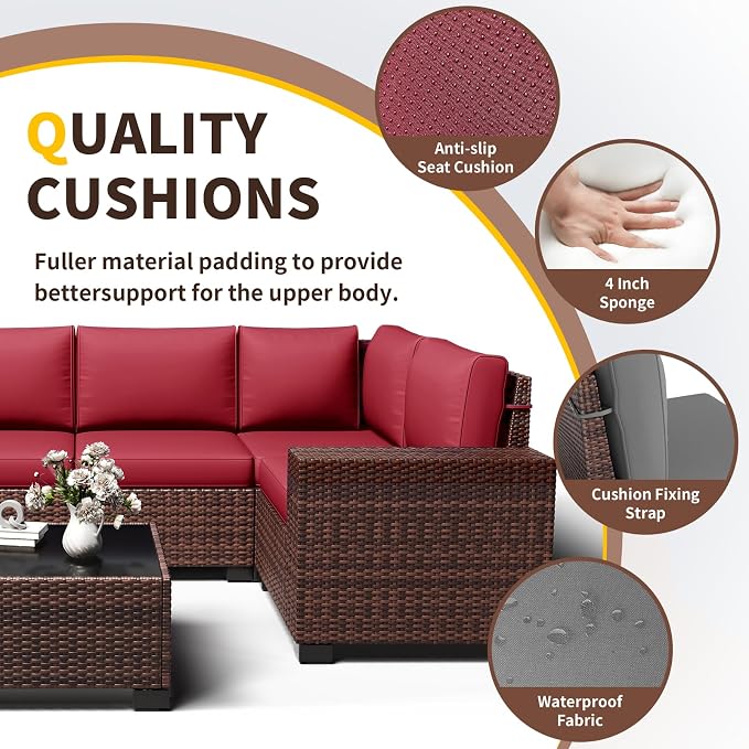Outdoor Patio Furniture Set, 8‘’ Wide armrest Outdoor Sectional Rattan Sofa Set, Wicker Patio Furniture Sets w/Coffee Table,Thick Cushions and Cover for Porch, Balcony,Deck,8 PCS (Brown&Wine)