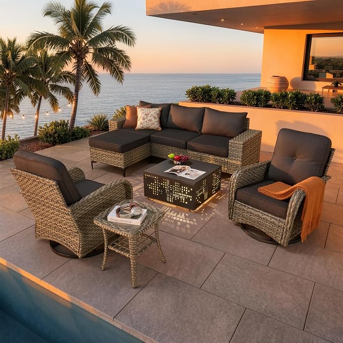 CAODOC 8-Piece Patio Furniture Set with L-Shape Sofa Chaise, Outdoor Sectional Couch Solar Table, Modern Modular Wicker Rattan Conversation Set