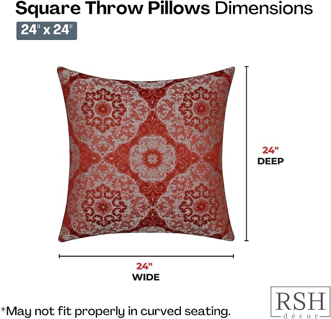 RSH DECOR: Outdura Square Throw Pillows Set of 2 | 24" x 24" | Water and Fade-Resistant Performance Fabric | Outdoor Pillow Covers with Down-Alternative Inserts | Made in USA (Ayorline Flamin)