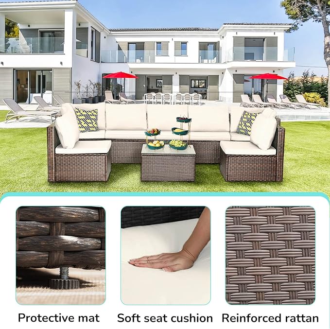 PayLessHere 8 Piece Patio Furniture Set Outdoor Furniture Sectional Sofa Set Rattan Wicker Conversation Set Coffee Table Khaki Cushion for Backyard Porch Balcony Poolside Garden