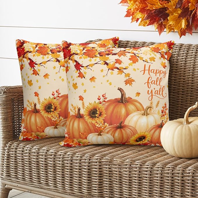 Orange Fall Waterproof Outdoor Pillow Covers 24''x24'' Set of 2, Maple Tree Branch Thanksgiving Pumpkin Patio Cushion Covers for Chairs,Decorative Countryside Leaves Pillow Cases for Garden/Pool/Beach