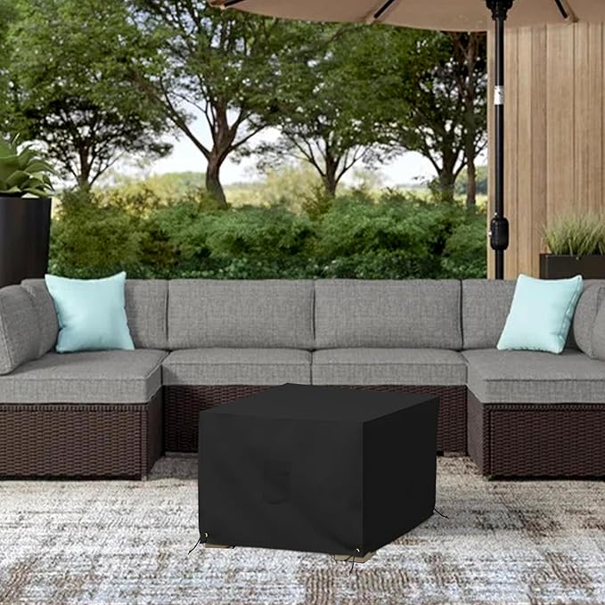 Covers & All Square Ottoman Cover, 12 Oz Waterproof UV & Weather Resistant Patio Garden Furniture Stool Protector Indoor Outdoor with Air Vents & Drawstrings (23" L x 23" W x 18" H, Black)