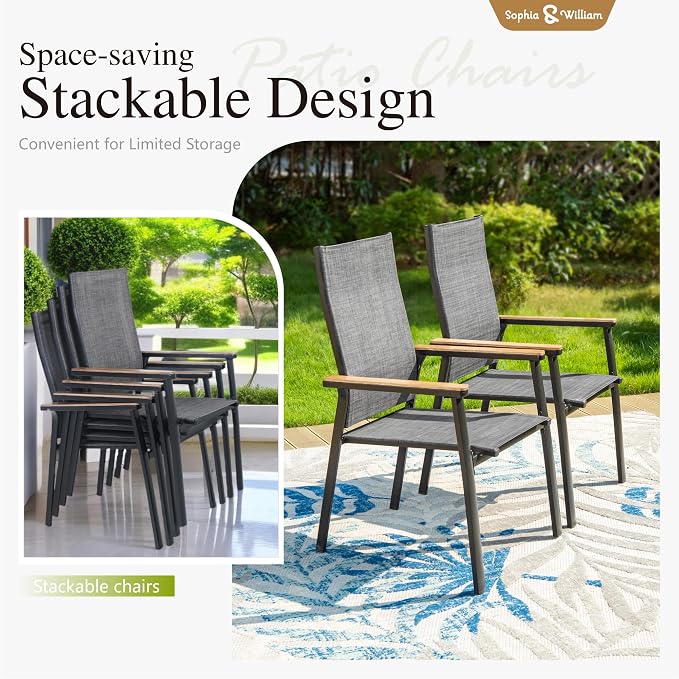 Sophia & William Patio Dining Chairs Set of 8, Stackable Aluminuum Frame | Grey textilene, Weather-resistant, light-weight & space-saving, Breathable & quick-drying, Outdoor deck backyard porch
