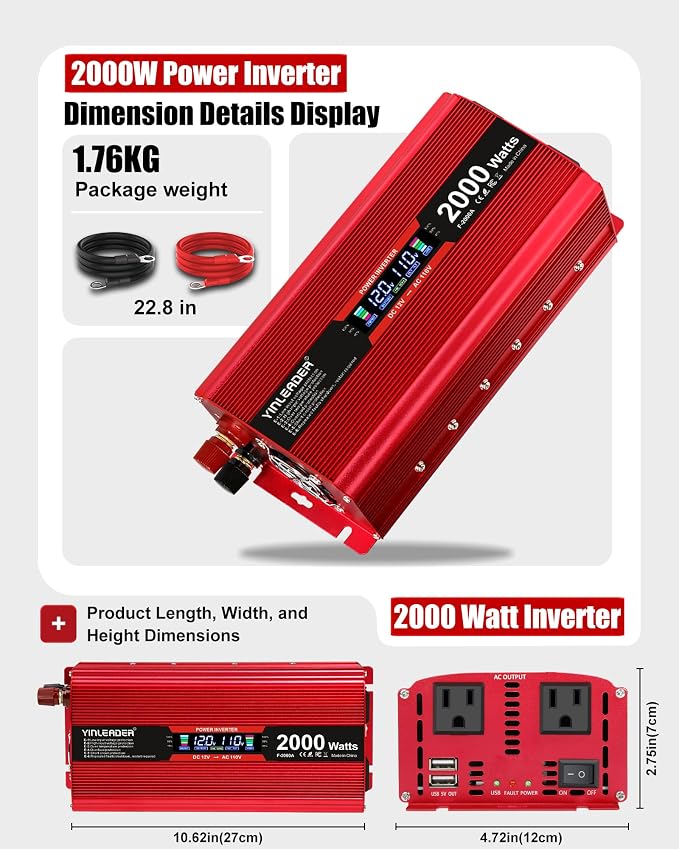 2000 watt Inverter 12V to 110V/120V, dc to ac Inverter 2000W Car Converter with Intelligent LCD Display Dual AC Outlets Dual USB Charging Port for RV Truck Laptop