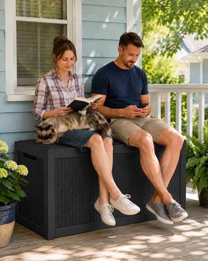 325 Gallon Extra Large Waterproof Deck Box, Heavy Duty Resin Outdoor Storage Box, Outside Storage Bench with Hydraulic Rod for Patio/Furniture Cushions/Garden Tools/Backyard/Pool Accessories, Black