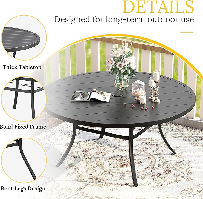 VICLLAX Outdoor Dining Set for 8, Outdoor Furniture Includes 60" Round Patio Table and Swivel Padded Chairs, Black Tabletop and Blue Fabric