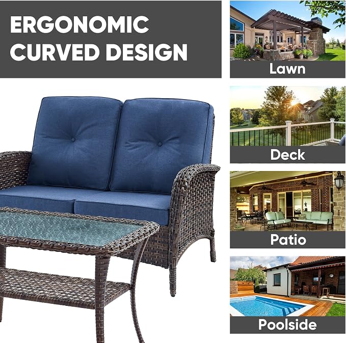 HUMMUH Outdoor Loveseat Sofa 2-Seat PE Wicker Couch with Coffee Table,Deep Seat High Back Patio Furniture for Balcony,Garden,Porch,Deck(Blue)