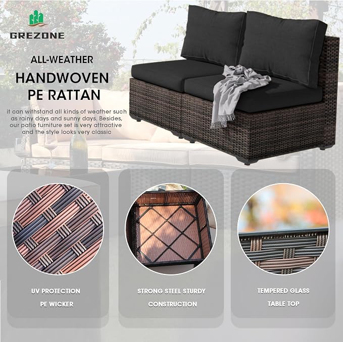 Grezone 15 Piece Patio Furniture Set with 44" Fire Pit Table, Outdoor Sectional Couch, PE Rattan Patio Conversation Sets with 4inch Cushions for Backyard Black