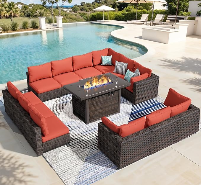 13 Piece Patio Furniture Set with Fire Pit Table All Weather PE Rattan Outdoor Sectional Sofa Couch with No-Slip Cushions for Garden, Poolside, Backyard (Red)