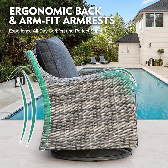 MEISSALIVVE Patio Furniture Set with Swivel Rocking Chairs, 8 Pieces Patio Conversation Set, Outdoor Wicker Sofa Couch with Waterproof Cushions for Lawn Backyard Porch (Grey)