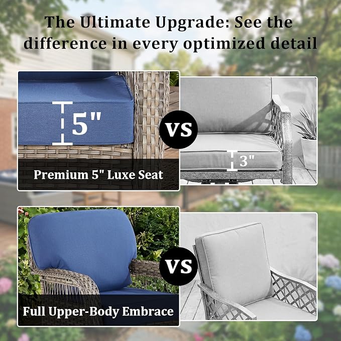 5 PCS Patio Furniture Set Outdoor Sectional Sofa Couch with Rocking Swivel Chairs 5" Deep Seat Chairs, Modern Wicker Rattan Conversation Set, Blue/Gray Wicker