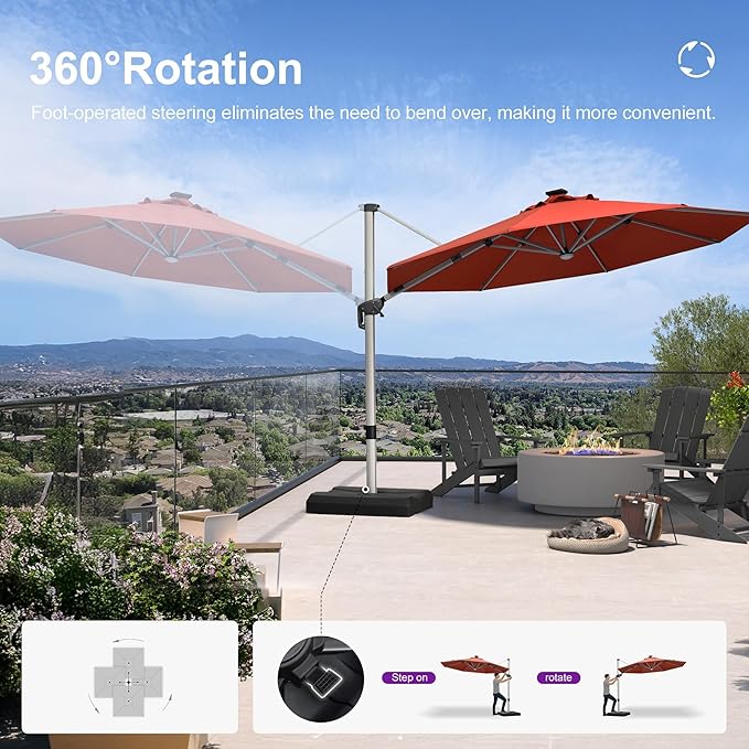 PURPLE LEAF Cantilever Umbrella with base 11ft Outdoor Round Patio Solar Powered LED Umbrella with 360-degree Rotation for Garden Deck Pool Patio, Brick Red