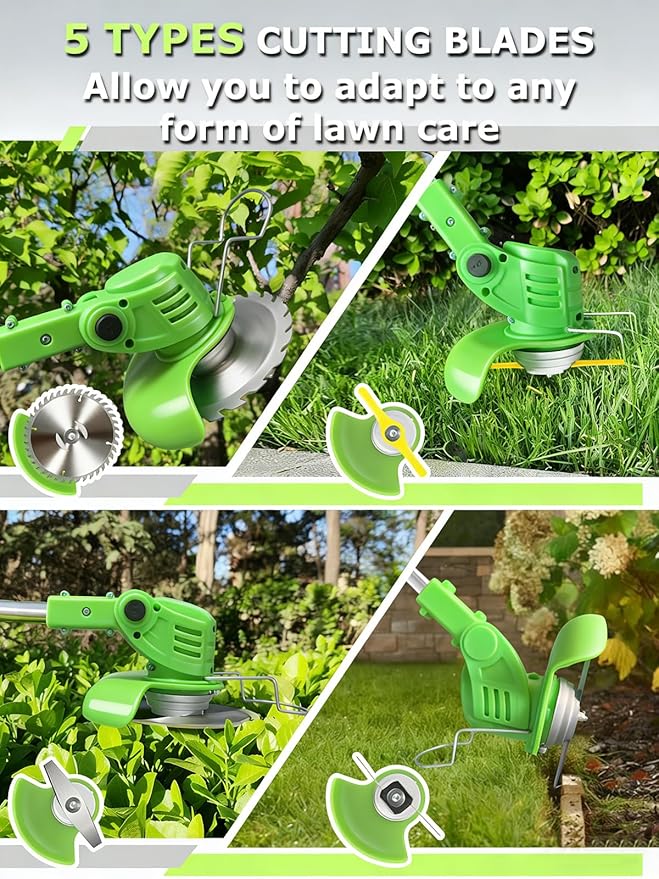 21V Electric Weed Wacker Cordless,Weed Eater Battery Powered with 2 * 2.0Ah Battery, Charger & 5 Types Blade Lightweight Grass Trimmer for Garden Yard Lawn Work