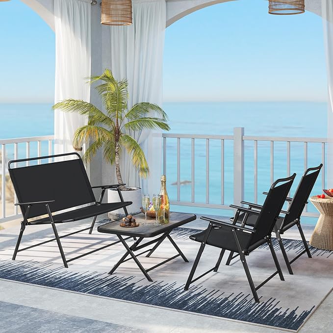 HAPPYGRILL 4 Pieces Folding Patio Conversation Set, Outdoor Furniture Set with SPC Coffee Table, Loveseat and Patio Chairs, Patio Bistro Sectional Set with Metal Frame for Garden, Deck and Backyard