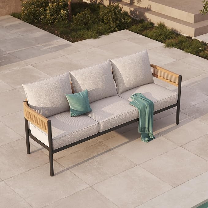 Gand Patio Outdoor 3-Seat Couch Sofa, Wicker Conversation Set with Thick Cushion for Porch, Garden, Yard, Natural
