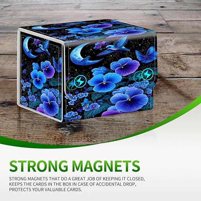 Card Deck Box for MTG, Cards Storage Box Fits 120+ Sleeved, Leather Small Size Strong Magnetic Closing Card Case for Board Games Magic TCG CCG Baseball Collection, Blue Flower Bird