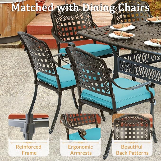 9 Piece Outdoor Patio Dining Set for 8, Cast Aluminium Large Square Dining Table & 8 Cushioned Stackable Chairs, Umbrella Hole, Patio Furniture Set for Garden Porch Poolside, Ocean Blue