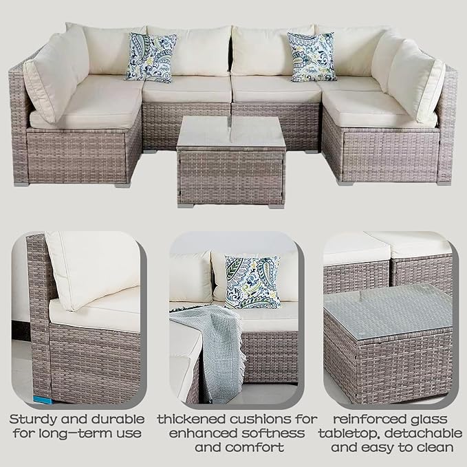 7 Piece Patio Furniture Sets, Rattan Conversation Sectional Set with Glass Table Outdoor Patio Sofa with Thick, Washable Cushions, for the Backyard, Poolside, Garden (Gray-Beige)