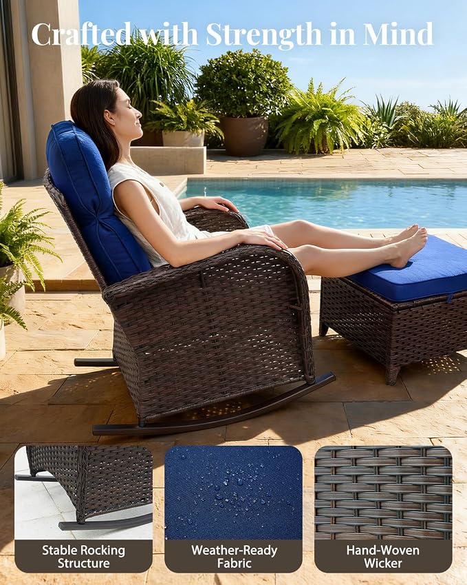 Luxury Patio Furniture Set, High Back Outdoor Rocking Chairs with 6" Thick Cushions and Table, 3 Pieces All Weather Bistro Conversation Set for Porch Deck Balcony Yard (Blue)