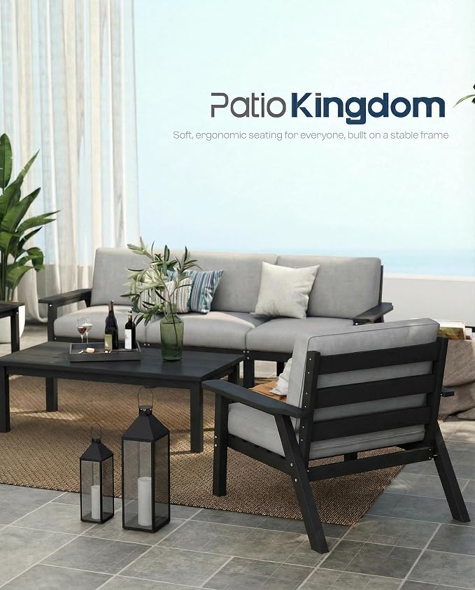 Patio Furniture Set 2 Seats, HDPE Outdoor Sectional with Gray Washable Thick Cushions, Coffee Table, Patio Conversation Sets for Lawn, Garden, Porch, Balcony, Deck (Black Frame)