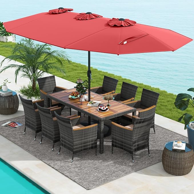 Tangkula 10 Pieces Patio Wicker Dining Set w/Double-Sided Patio Umbrella, Outdoor Acacia Wood Furniture Set w/ 8 Armchairs, 71” Dining Table & 15 ft Umbrella with Weighted Base (Wine)